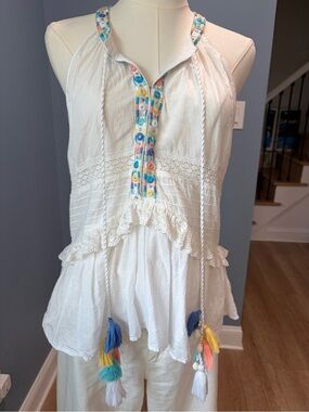 Super Natural 100% Cotton Gauze Embroidered Tassel Boho Tank Top Large White
